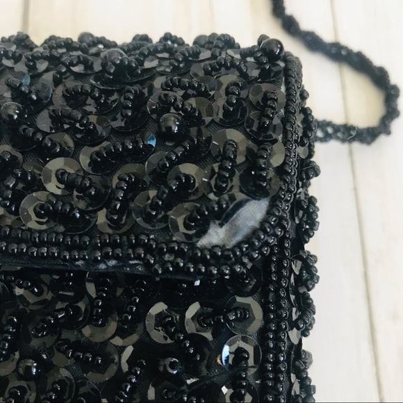 Black Sequined & Beaded Handbag with Long Beaded Strap - Picture 11 of 11